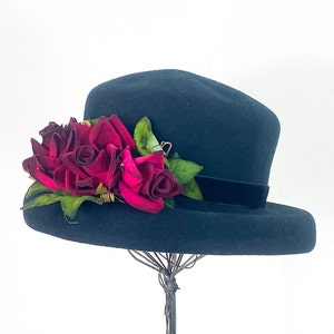 1990s Black Wool Hat 90s Black & Red Flower Hat STUDIO KOKKIN N.Y. image 3