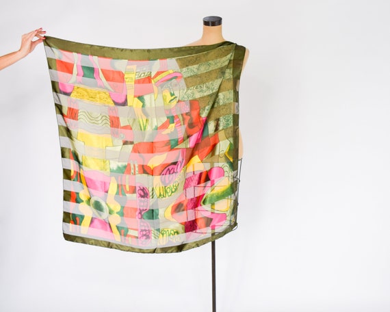 1980s Picasso Green Scarf | 80s Olive Green Print… - image 3