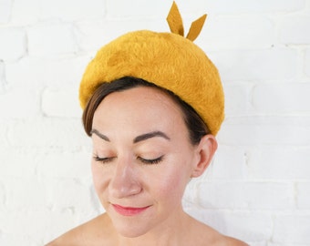 1960s Gold Wool Mohair Felt Hat | 60s Yellow Mohair Hat | Musketeer