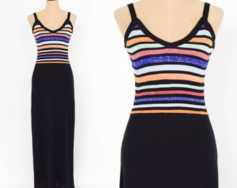 1970s Black Knit Maxi Dress | 70s Black Long Striped Dress | International | Small