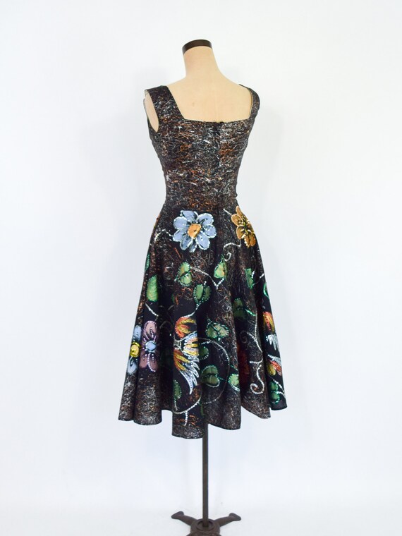 1950s Black Painted Sequin Party Dress | 50s Blac… - image 7