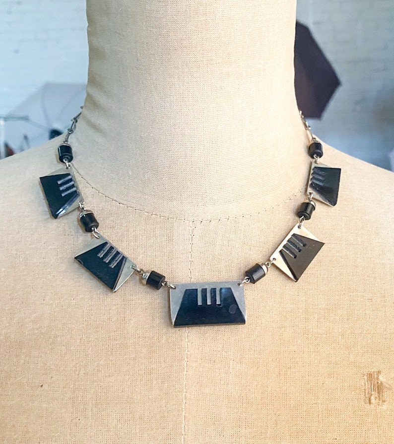 1930s Silver Chrome & Black Lucite Necklace 30s Silver Art Deco Necklace image 5