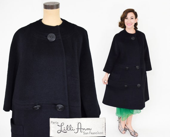 1950s Lilli Ann Black Wool Swing Coat | 50s Black