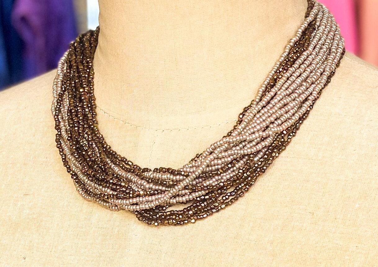 1940s Vintage Seed Bead Multi-strand Necklace | Copper & Bronze 