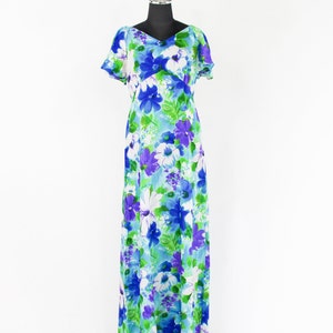 1970s Blue Flowered Maxi Dress 70s Blue White Hawaiian Maxi Dress Maluna Hawaii Small image 2