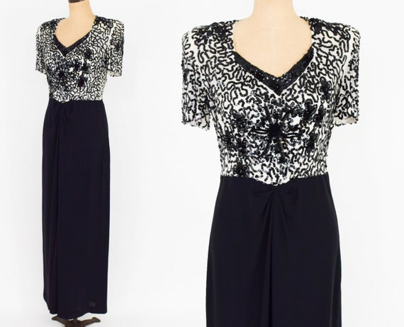 1940s Black Sequin Evening Dress | 40s Black Crepe