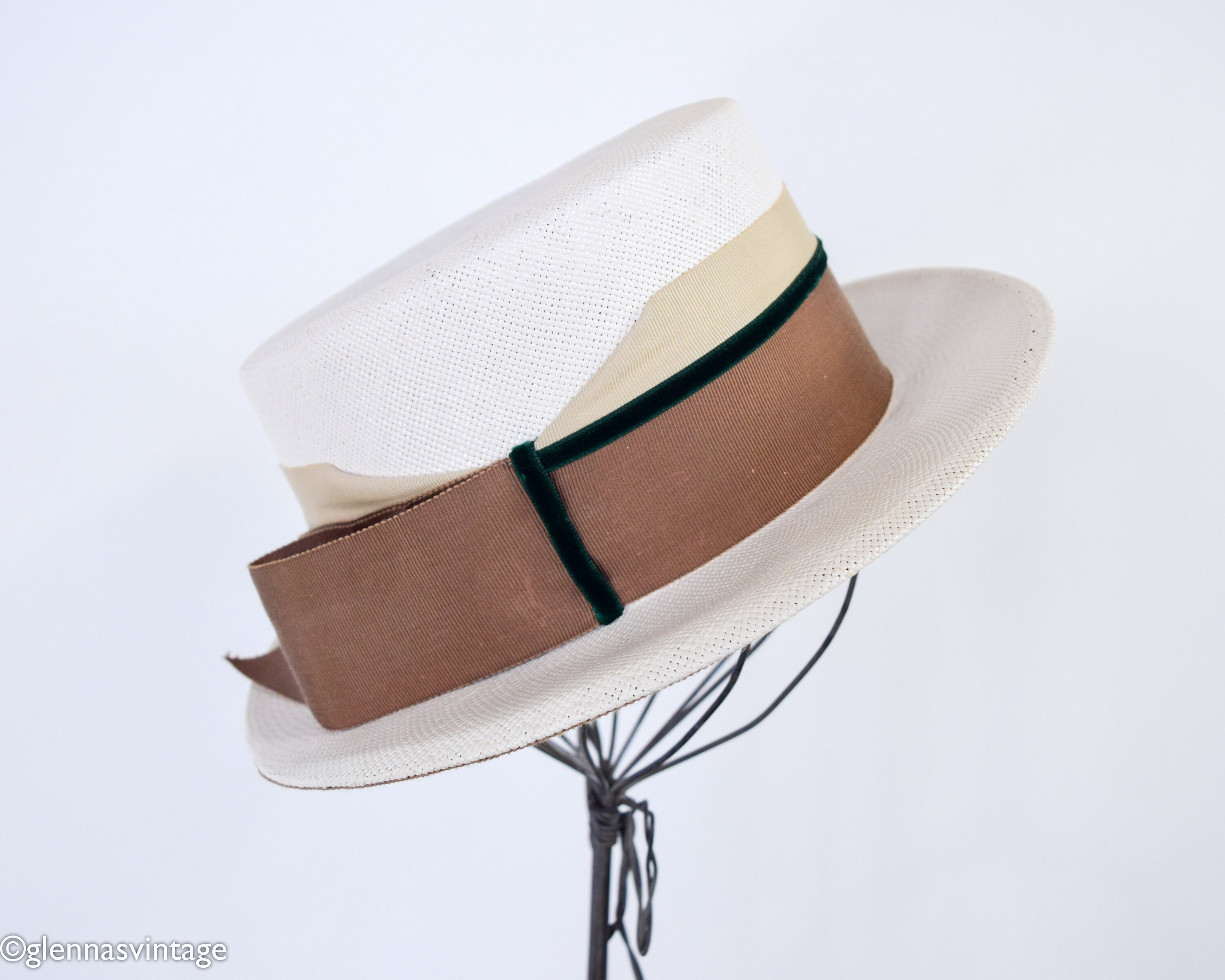 1960s Straw Boater Hat 60s White Straw 
