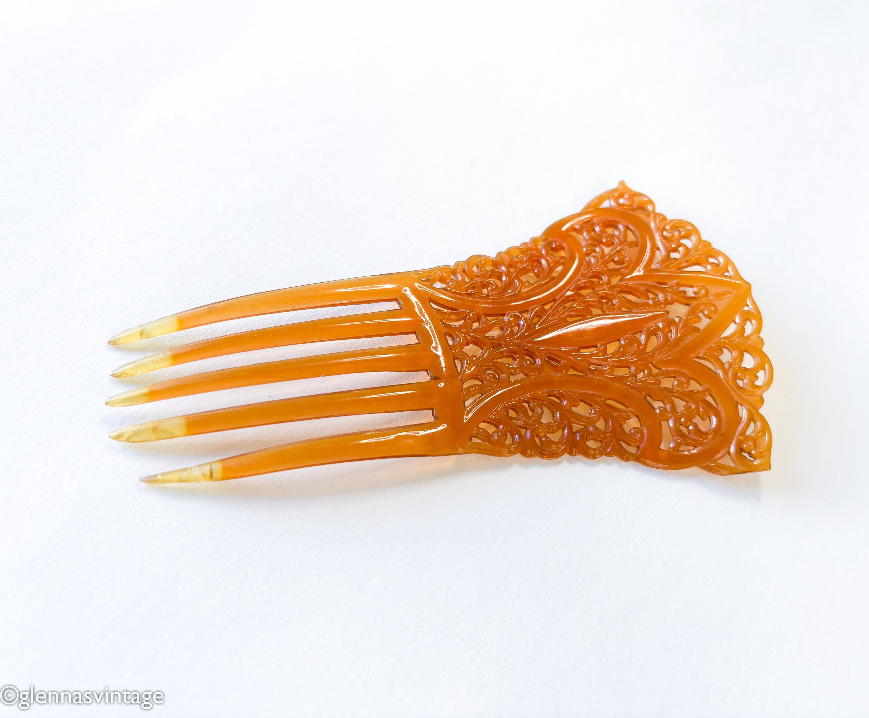 Vtg Hair Comb Art Deco Pale Amber Celluloid Edwardian Mantilla Style Antique Vintage Celluloid Hair Comb Art Nouveau Blue  main image 2