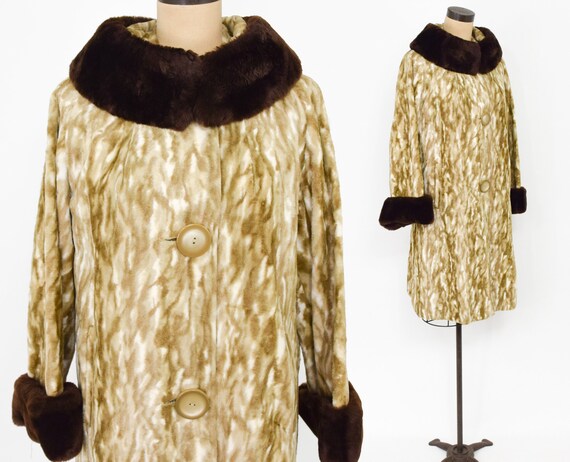 1960s Animal Print Faux Fur Coat | 60s Brown Faux