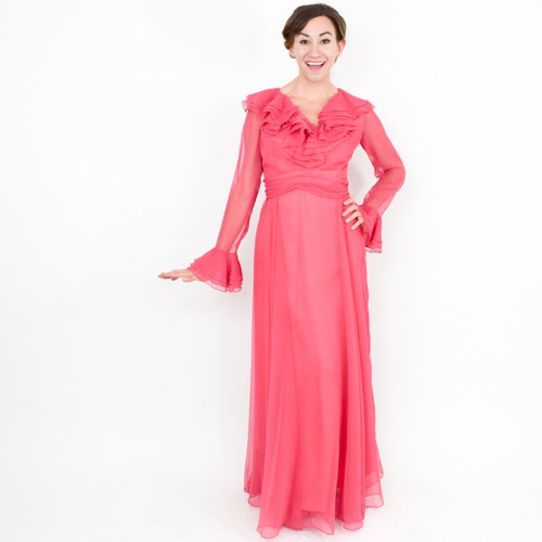 1970s Pink Evening Maxi Dress | 70s Pink Chiffon Ruffle Maxi Dress shops | Miss Elliotte | Medium
