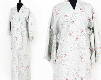 1950s Gray Vintage Kimono | 50s Pale Gray & Blue Print Long Silk Kimono | Japanese Robe