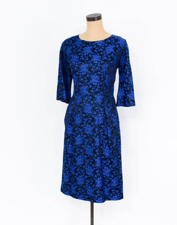1950s Royal Blue Brocade Dress | 50s Navy Brocade… - image 2