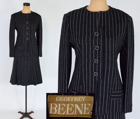Geoffrey Beene, 1970s Geoffrey Beene Gray Pinstripe Skirt Suit | Gray Wool Suit, Medium