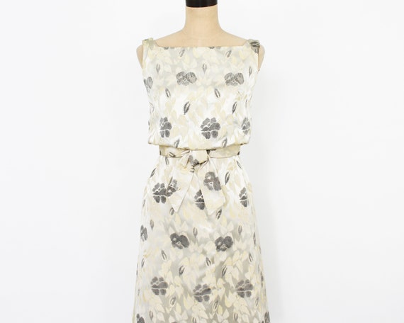 1950s Creme Brocade Cocktail  Dress | 50s Beige B… - image 3