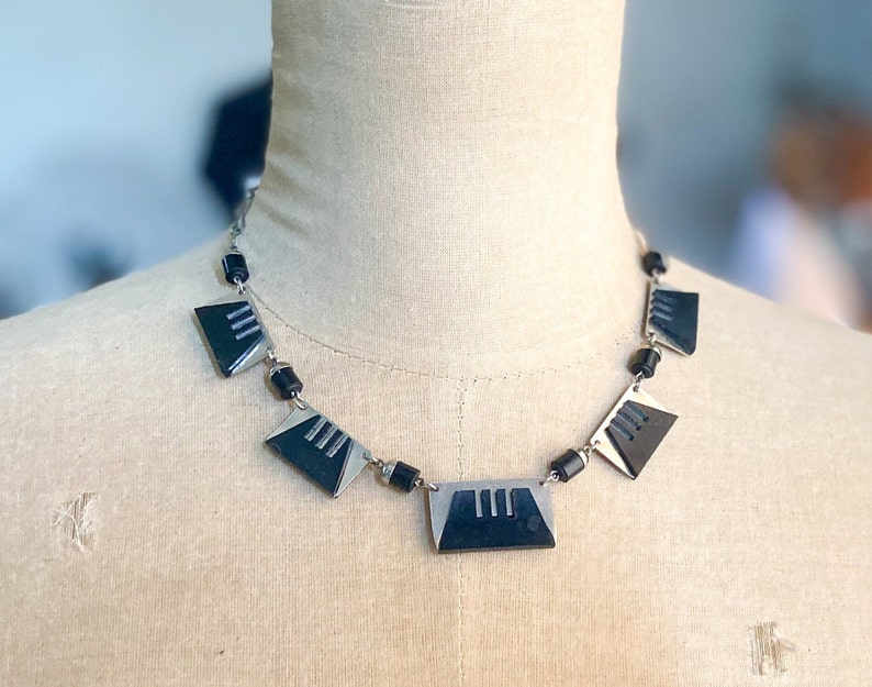 1930s Silver Chrome & Black Lucite Necklace 30s Silver Art Deco Necklace image 3