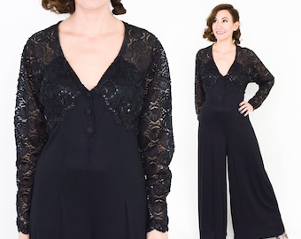 1980s Black Lace Jumpsuit | 80s Black Palazzo Jumpsuit | OK*SAM | Medium