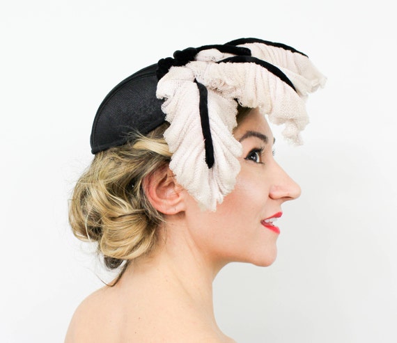 1940s Black Fascinator Hat | 40s Black & Pink Fasc