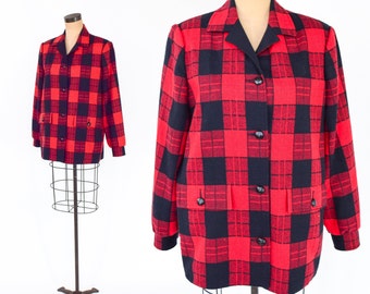 1960s Red Plaid Wool Jacket | Red & Black Plaid Shirt | Butte | Large