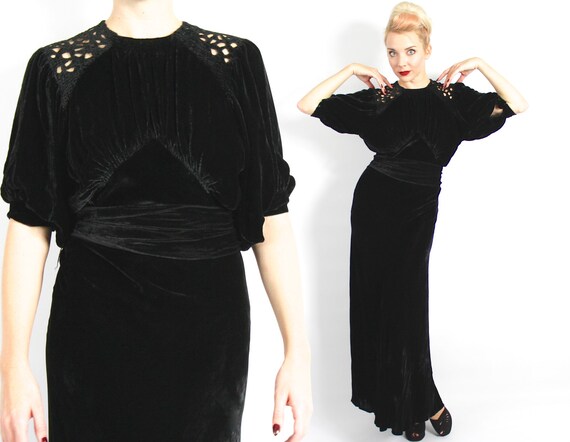 1930s Black Velvet Evening Dress | 30s Black Silk