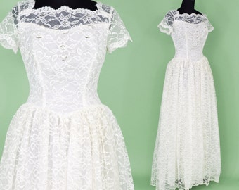 1950s White Lace Wedding Gown | 50s White Lace Long Evening Dress | White Tulle & Taffeta Wedding Gown | Extra Small