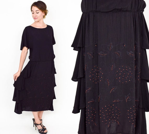 1920s Black Beaded Evening Dress | 20s Black Silk… - image 1