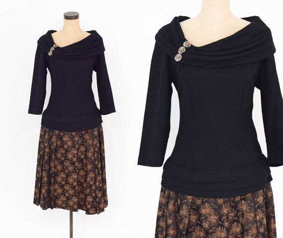 1940s Black Jersey Brocade Dress | 40s Black Jerse