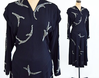 1940s Black Crepe Beaded Cocktail Dress | Vintage Silver Starburst Evening Gown