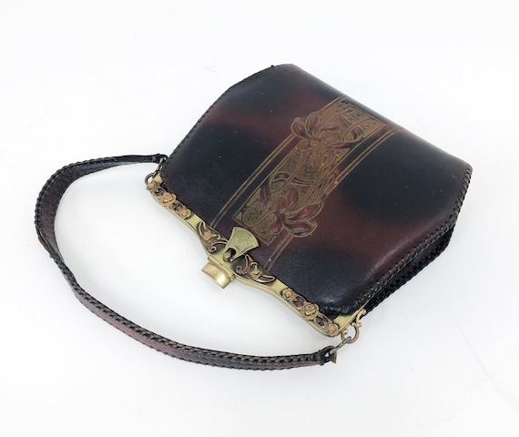 1910s Brown Tooled Leather Bag | 1900 Brown Tooled