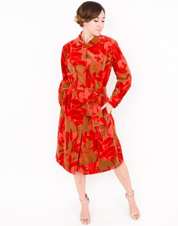 1950s Red Velvet Dress | 50s Red Floral Print Dre… - image 5