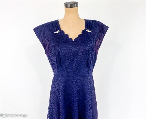 1940s Navy Blue Lace Cocktail Dress | 40s Blue La… - image 7