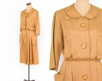 50s Gold Silk Dress | Shirtwaist Dress | George Hess | Large
