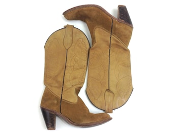 Stivali da cowboy in pelle scamosciata color cuoio anni '70 / Stivali western vintage in pelle, taglia US 7