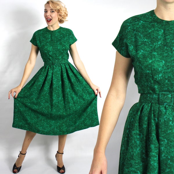 Vintage 50s Kelly Green Floral Dress | Wool Challis Day Dress, Small