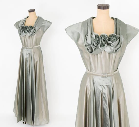 1940s Green Iridescent Silk Evening Gown | 40s Gr