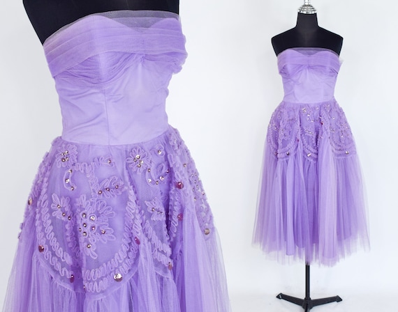 1940s Lavender Tulle Party Dress | 40s Purple Tull