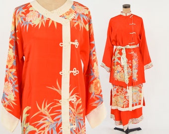 1940er Jahre Orange asiatischer Seidenrobe-Pyjama-Set | Vintage Orange 4 Teilige Lounge Wear, Gross