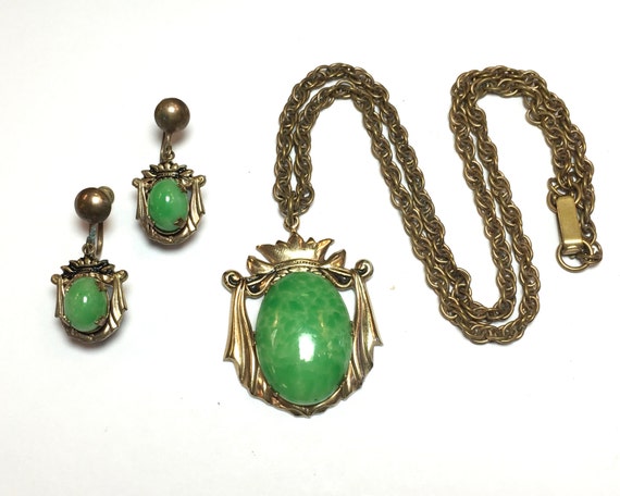 1940s Green Peking Glass Jewelry Set | 40s Green … - image 2