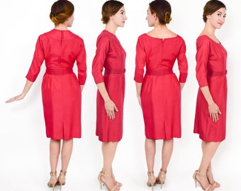 1950s Pink Silk Party Dress | 50s Pink Silk Cocktail Dress | 2 Way Dress & Removable Collar | X Small