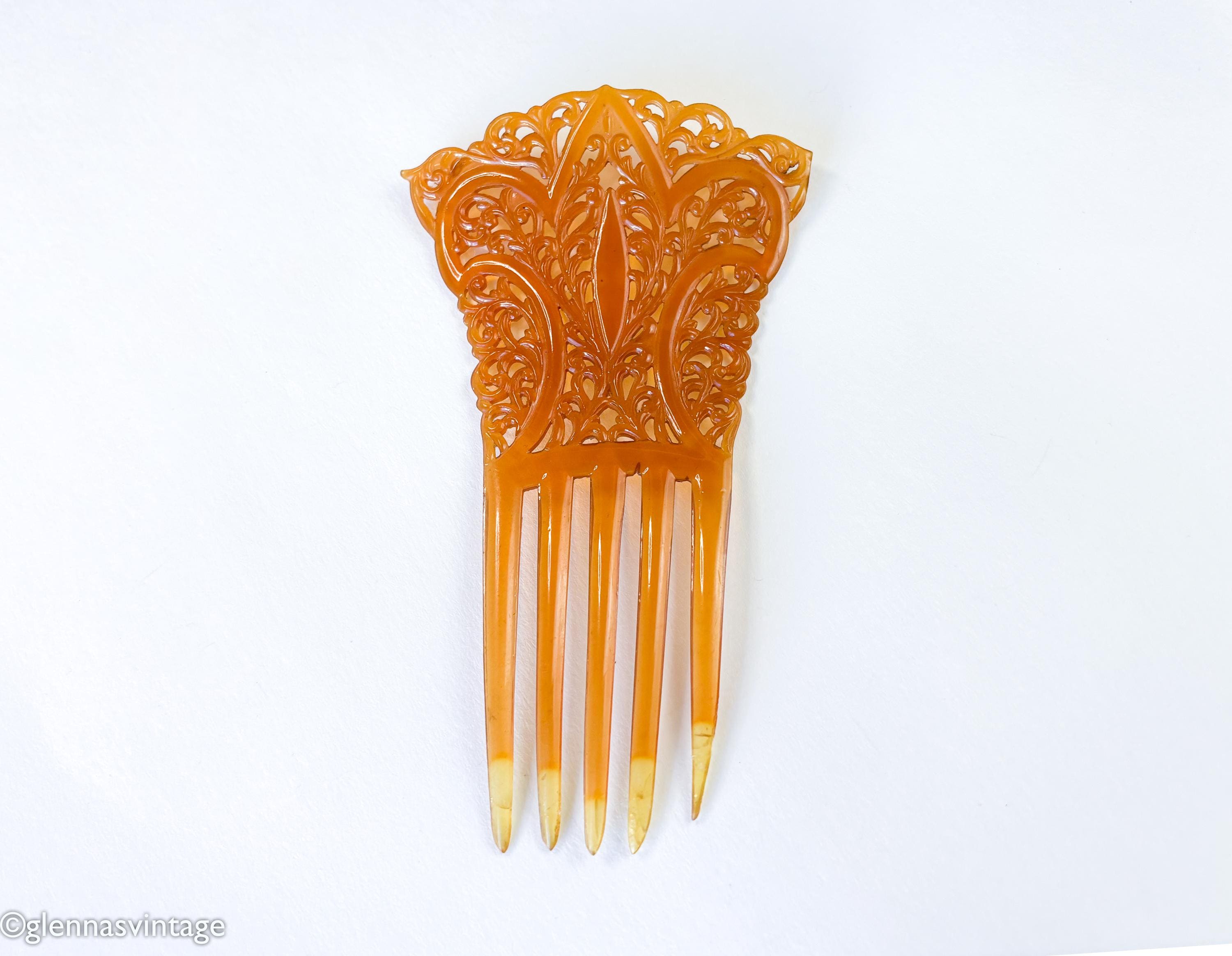 Vtg Hair Comb Art Deco Pale Amber Celluloid Edwardian Mantilla Style Antique Vintage Celluloid Hair Comb Art Nouveau Blue  main image 4