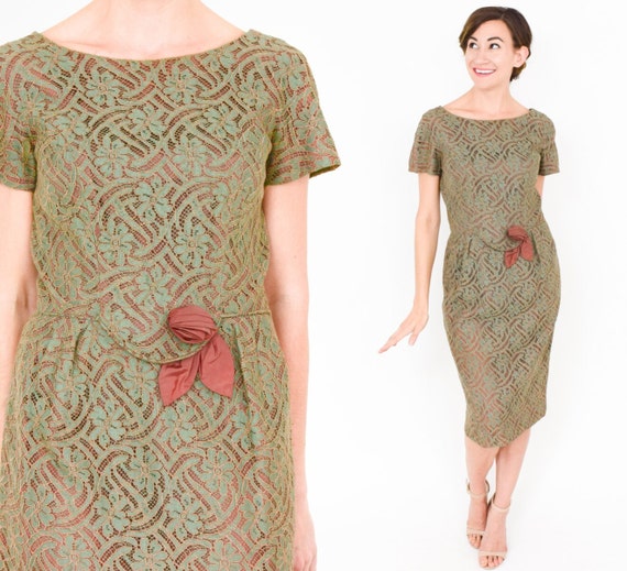 1950s Sage Green Lace Dress | 50s Green & Brown L… - image 2