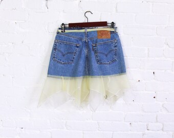 1990s Levi 501 Denim Skirt | Vintage Daisy Applique, Chiffon