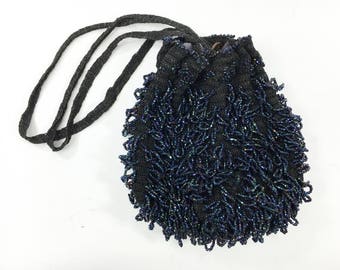 1900s Navy Beaded Bag | Navy Blue Crochet Beaded Handbag