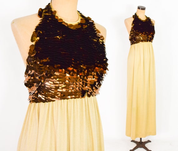 1970s Copper Sequin Halter Maxi Dress | 70s Beige Kni… - Gem