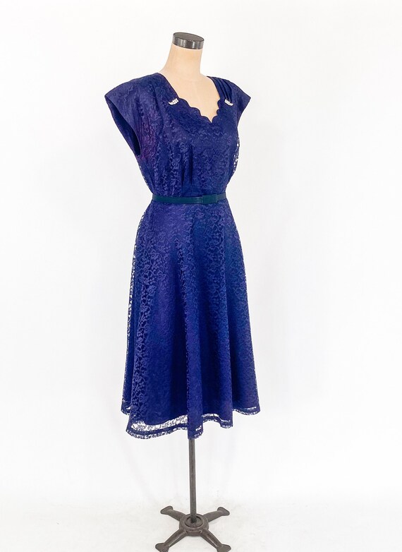 1940s Navy Blue Lace Cocktail Dress | 40s Blue La… - image 3