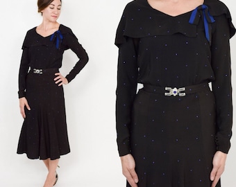 1930s Black Silk Dress | 30s Black Silk Crepe & Rhinestone Dress | Small
