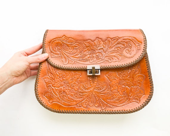 1950s Brown Tooled Leather Purse | 50s Rust Brown… - image 2