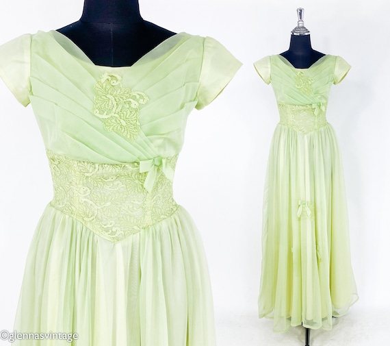 1950s Vintage Lime Green Evening Dress | Citron Long Formal, Small