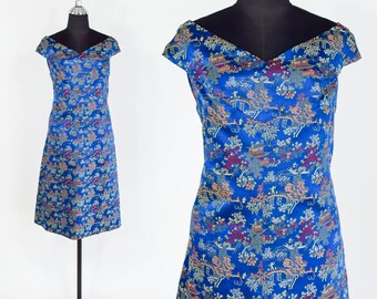 1950s Blue Silk Brocade Sheath Dress | 50s  Royal Blue  Silk Brocade Cocktail Dress |  XL