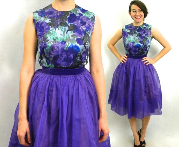 1960s Purple Floral Party Dress | 60s Purple Chif… - image 1