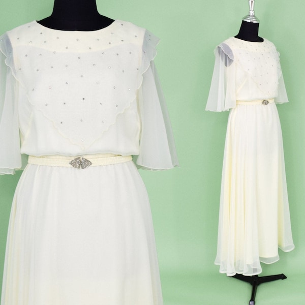 1970s Creme Wedding Gown | 70s Creme Rhinestone Studded Bridal Gown | Small